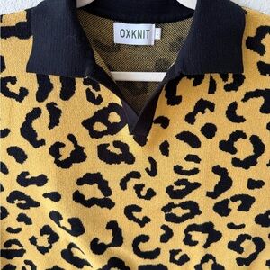 OXNIT Leopard Print Knit Polo Large Short Sleeve Retro Style